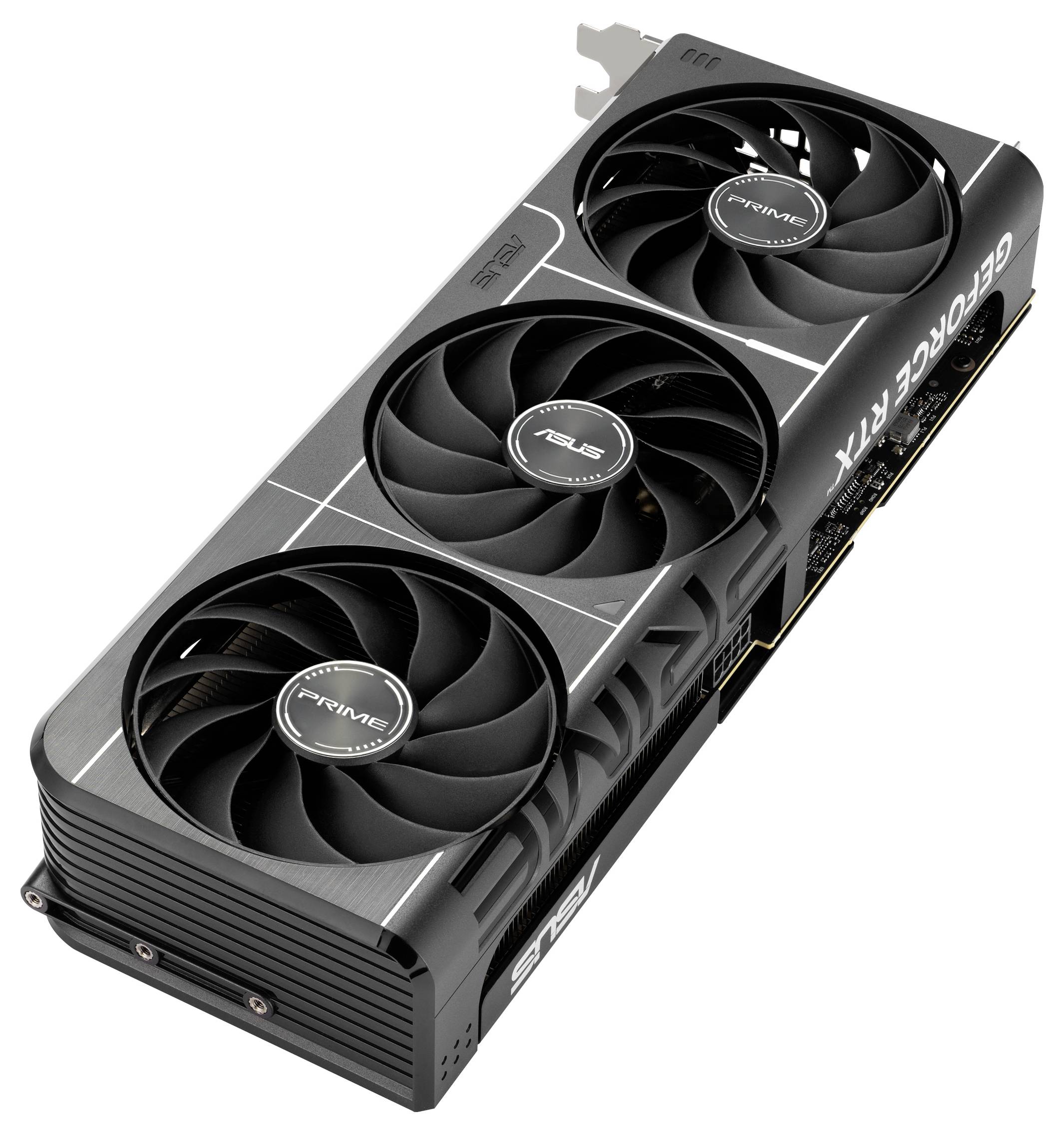 Velká černá grafická karta se třemi ventilátory, označená 'GeForce RTX' a 'ASUS', vykazuje vysoce výkonný design.