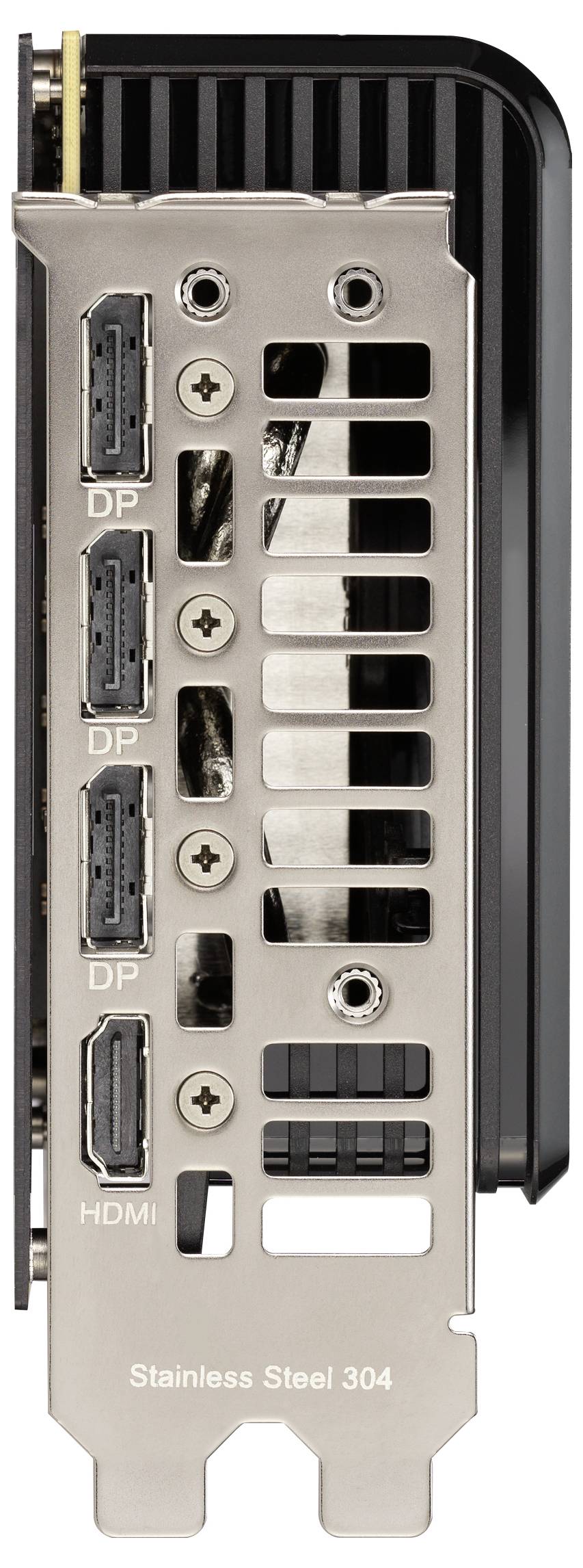 Pohled na zadní stranu grafické karty s třemi DisplayPorty a jedním HDMI portem, vyrobené z nerezové oceli 304.