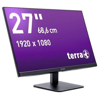 Monitor 'Terra' z bočního pohledu. Obrazovka zobrazuje specifikace: 27 palců (68,6 cm), rozlišení 1920 x 1080.