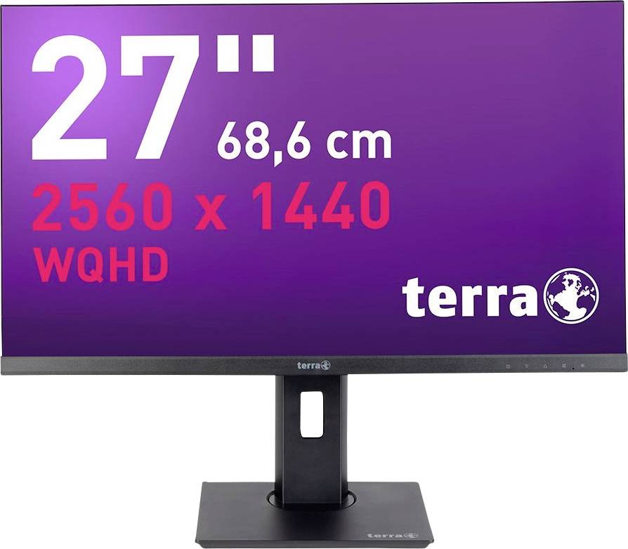 27palcový monitor s rozlišením WQHD 2560 x 1440 pixelů. Obrazovka zobrazuje logo 'terra'.