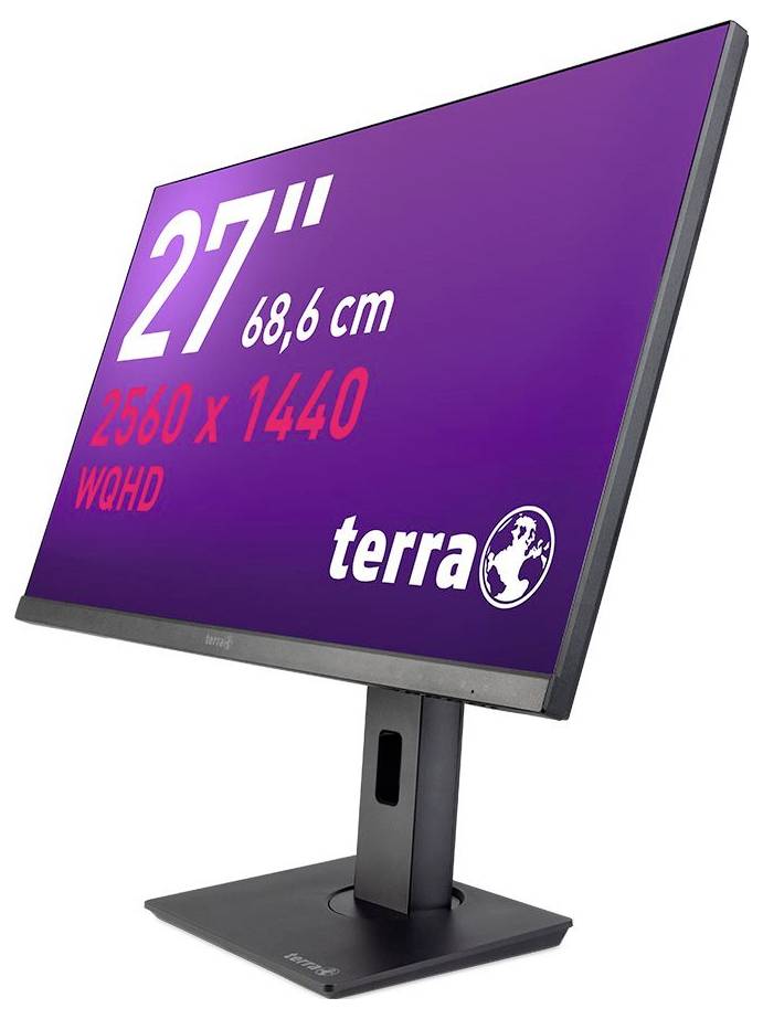 27palcový monitor s rozlišením 2560 x 1440 pixelů, zobrazený na výšku s fialovým pozadím obrazovky a firemním logem.
