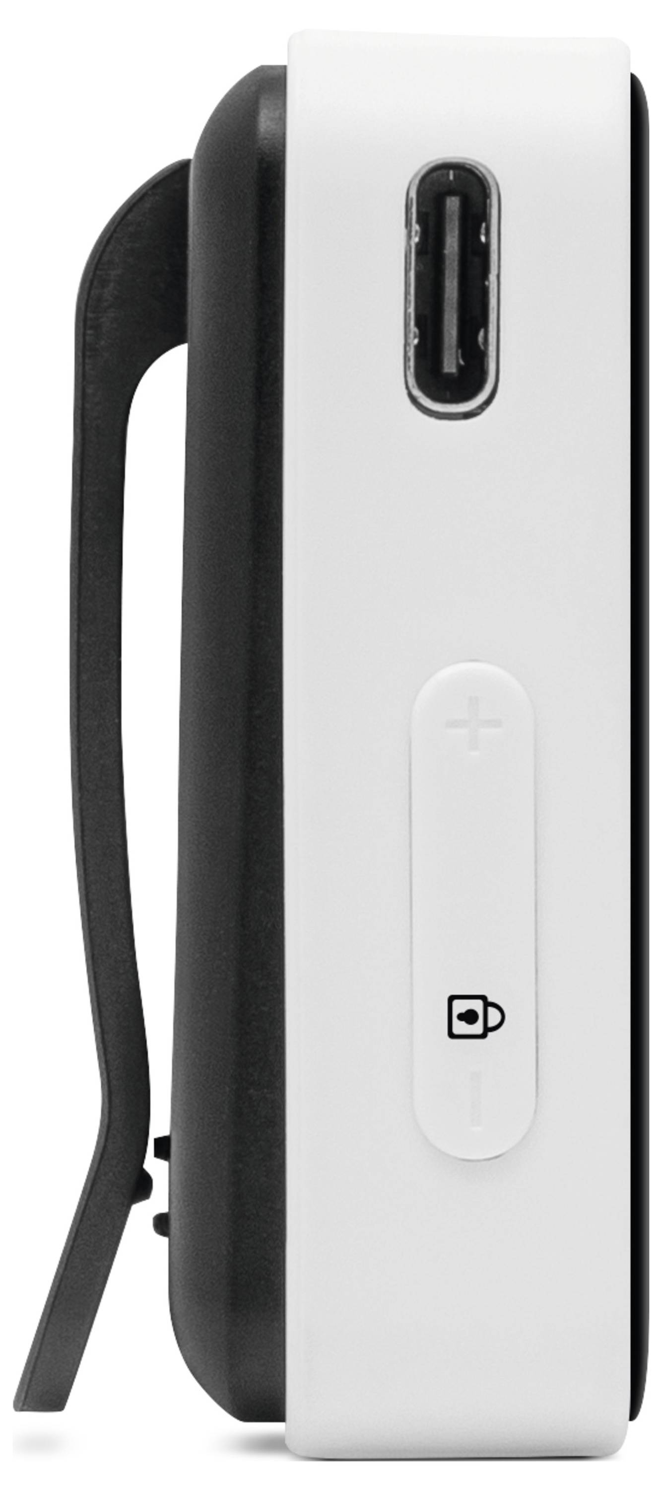 Boční pohled na černobílé elektronické zařízení s USB portem a tlačítky pro nastavení hlasitosti.