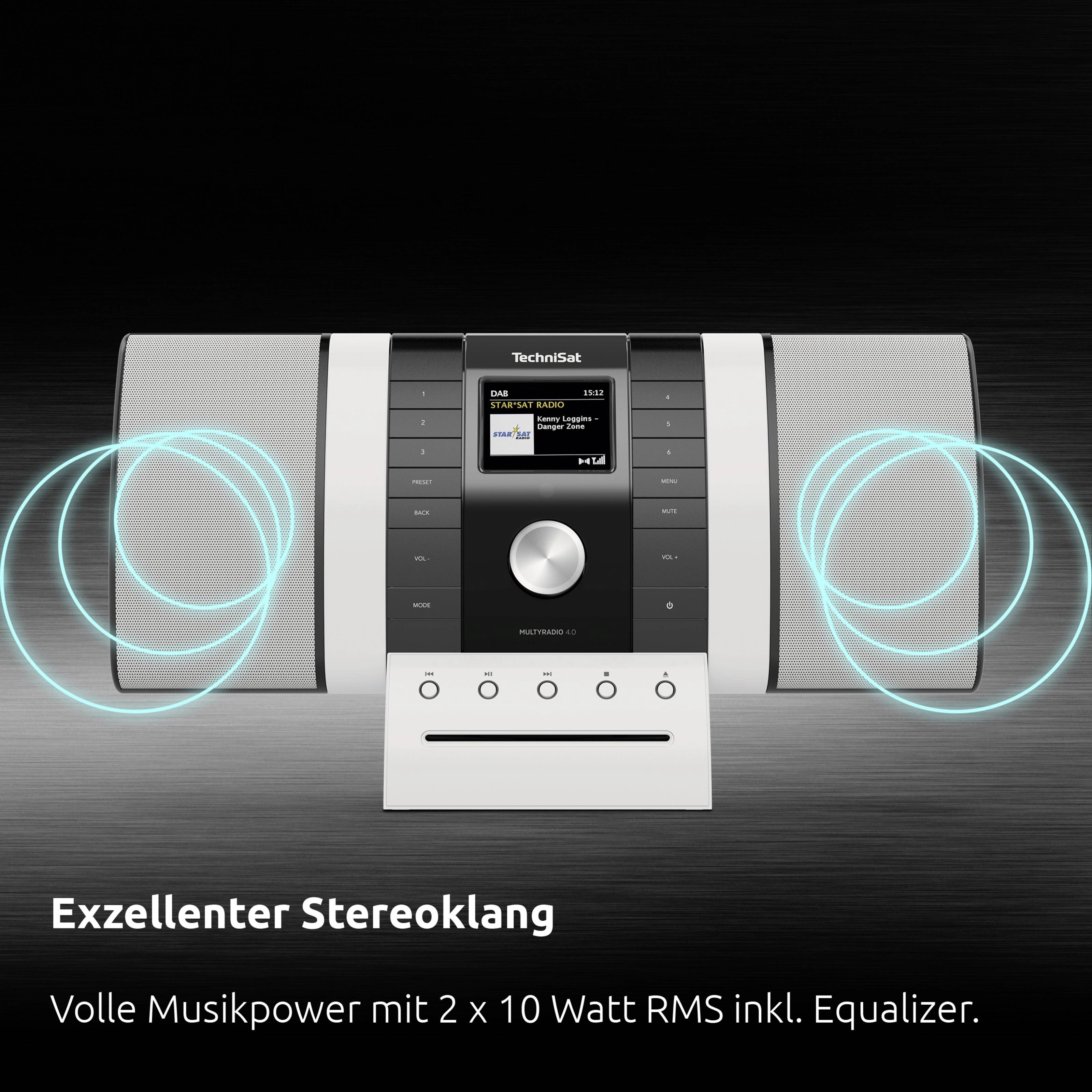 Stereofonní systém s displejem a ekvalizérem. Text: 'Excelentní stereozvuk'. Výkon: '2 x 10 W RMS'.