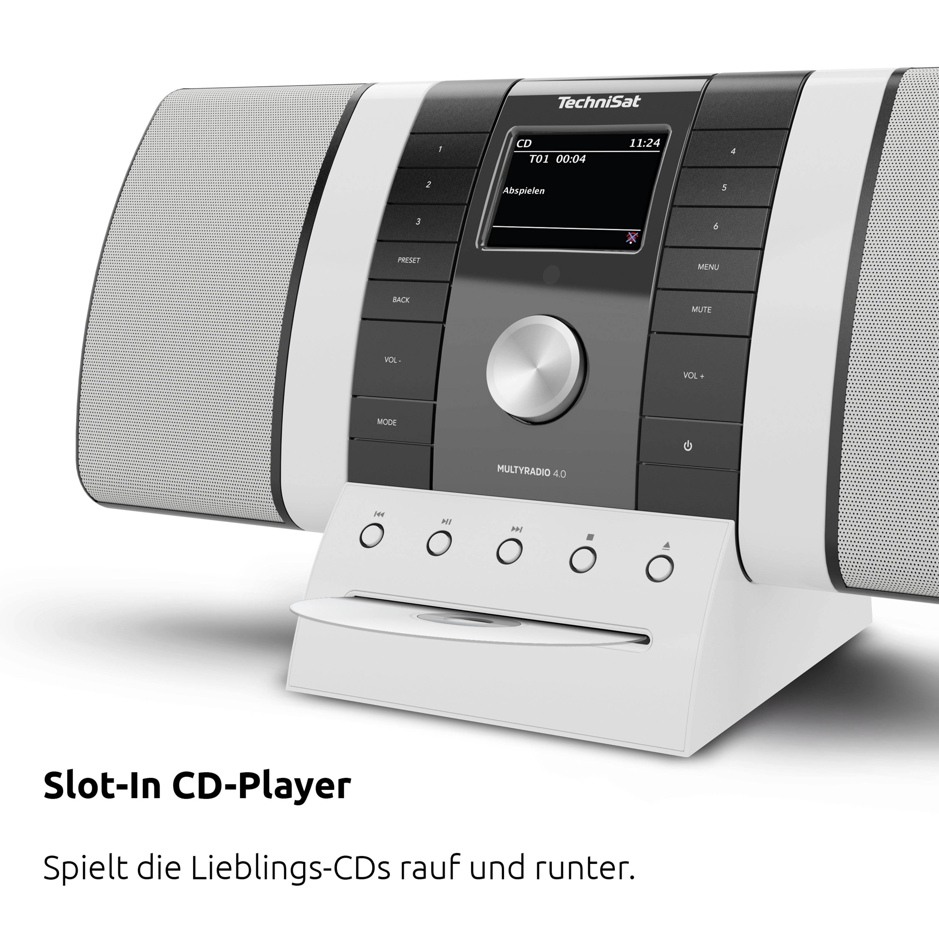CD přehrávač se slotem a displejem, který zobrazuje 'Přehrávání CD'. Viditelné tlačítka pro různé funkce. Text: 'Přehrává oblíbené CD nahoru a dolů.'