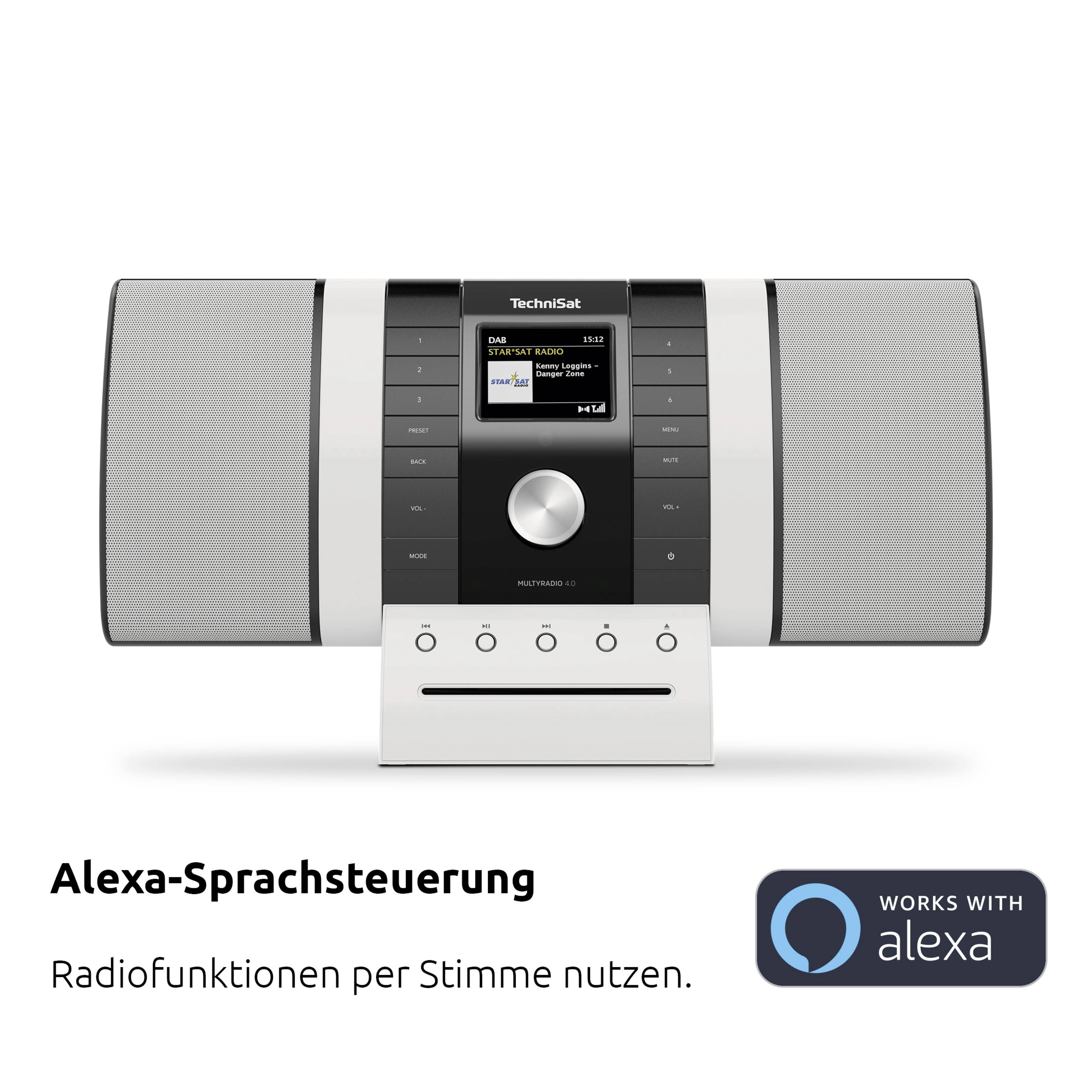 'TechniSat rádio s šedými reproduktory, podporuje hlasové ovládání Alexa pro rádiové funkce.'