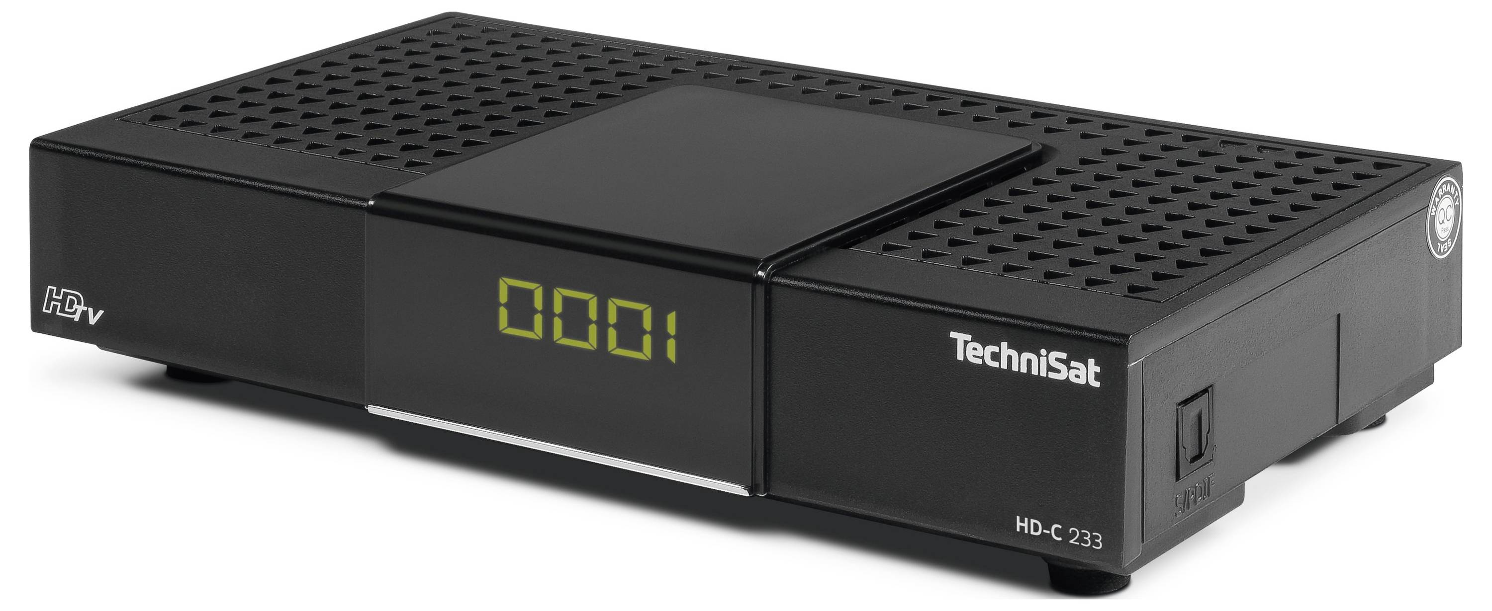 Černý digitální přijímač od TechniSatu s čelním displejem '0001'. Zařízení má větrací otvory nahoře a je kompaktně navrženo.