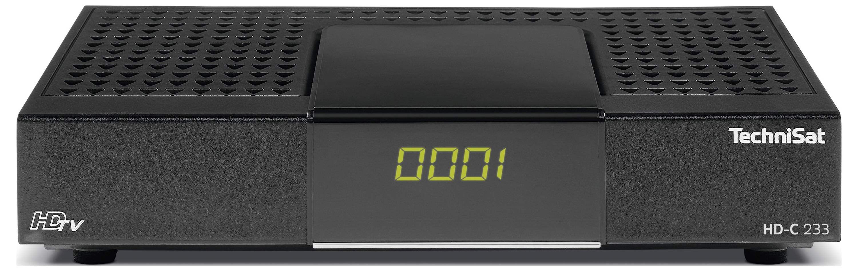 Černý přijímač TechniSat HD-C 233 s digitálním displejem '0001'. Zařízení pro příjem a přehrávání HD-TV signálů.