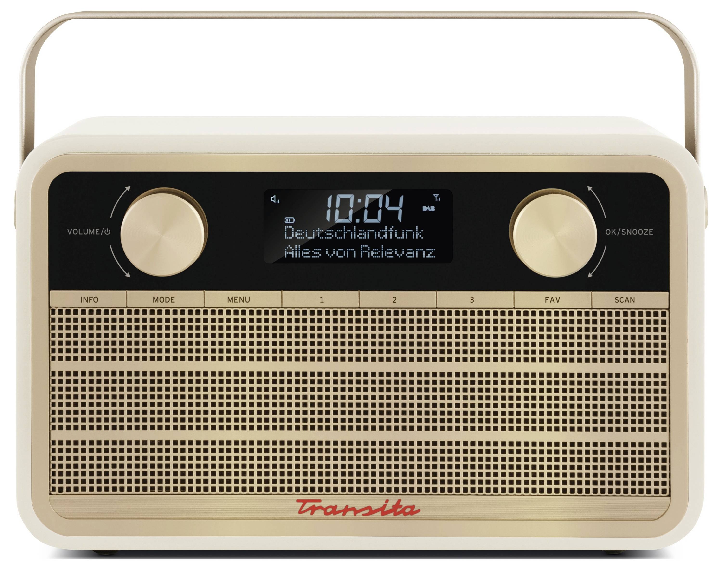 Retro rádio s digitálním displejem, zobrazuje 'Deutschlandfunk Vše podstatné' a čas 10:04. Dřevěná skříň, madlo nahoře.
