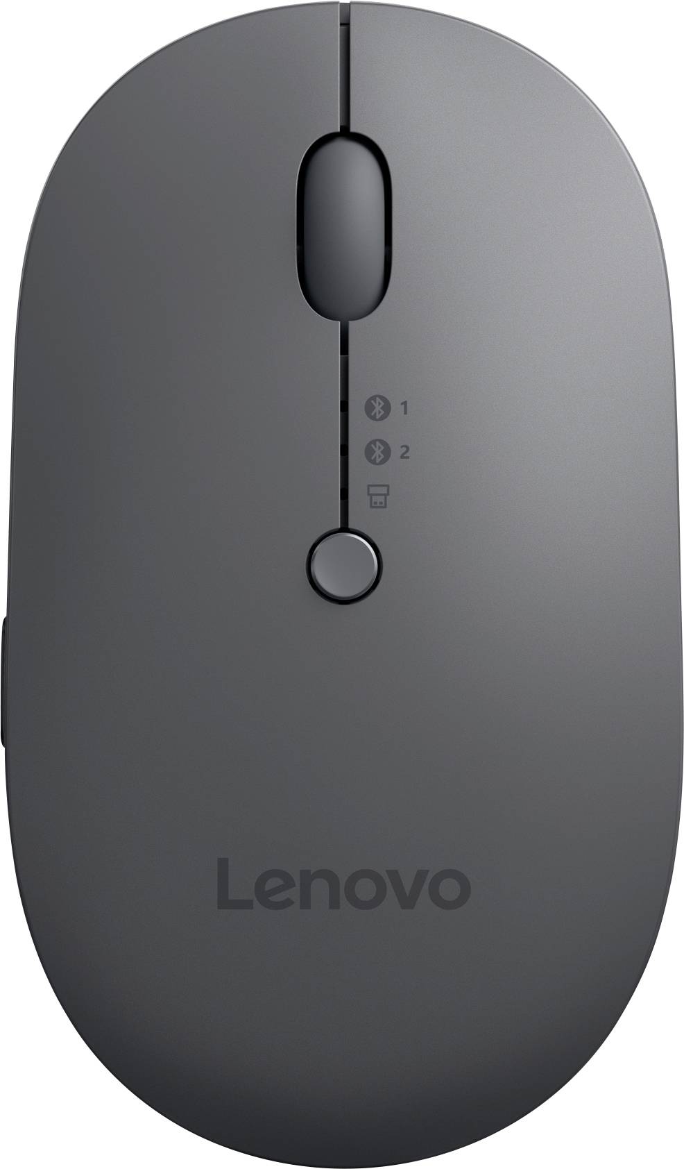 Bezdrátová šedá myš Lenovo s kolečkem a dvěma tlačítky. Přepínač pro duální režim mezi Bluetooth a bezdrátovým USB připojením.