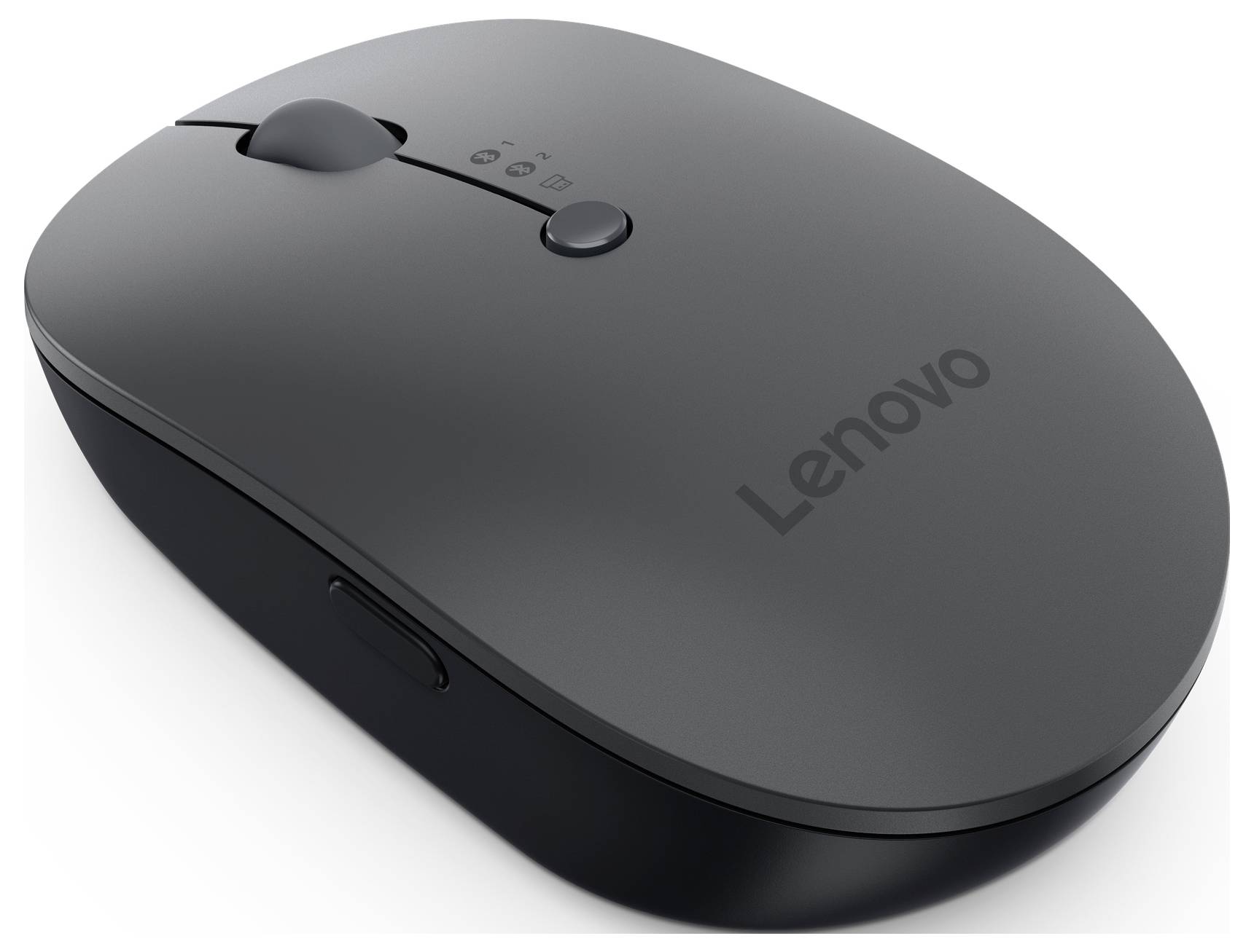 Černá bezdrátová myš Lenovo s kolečkem pro posun a dodatečnými tlačítky, boční pohled.