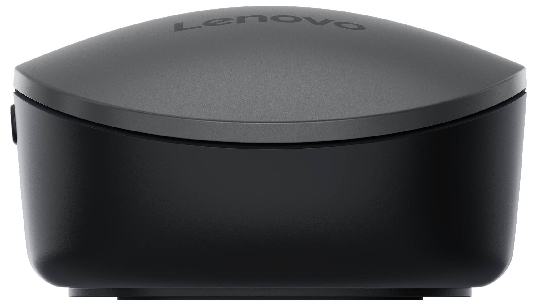 Černá počítačová myš značky Lenovo s jednoduchou, hladkou formou. Pohled zepředu odhaluje minimalistický design bez viditelných tlačítek.