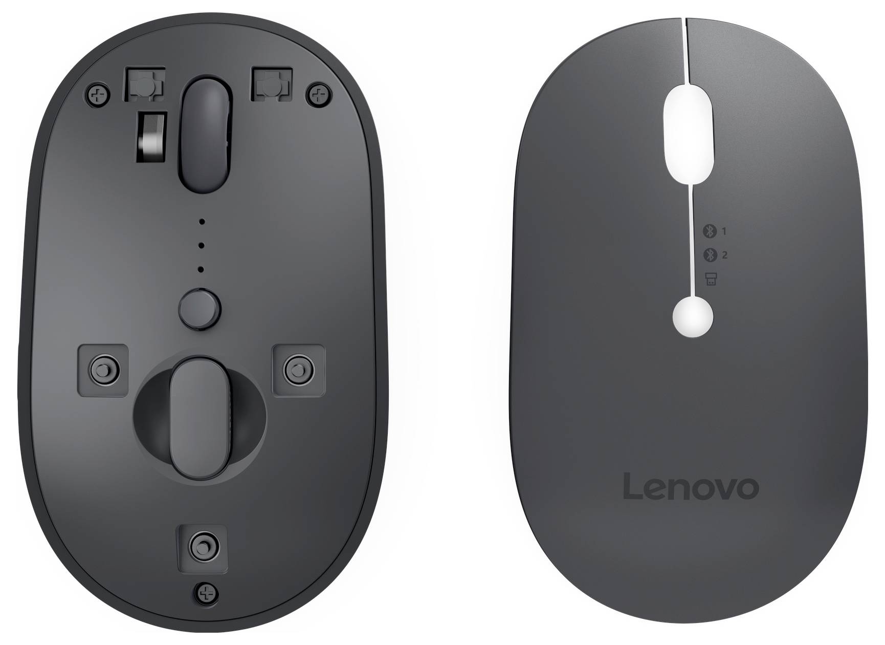 Pohled shora a zespodu černé myši Lenovo s kolečkem pro rolování, dvěma tlačítky nahoře, přihrádkou na baterii a spínačem dole.