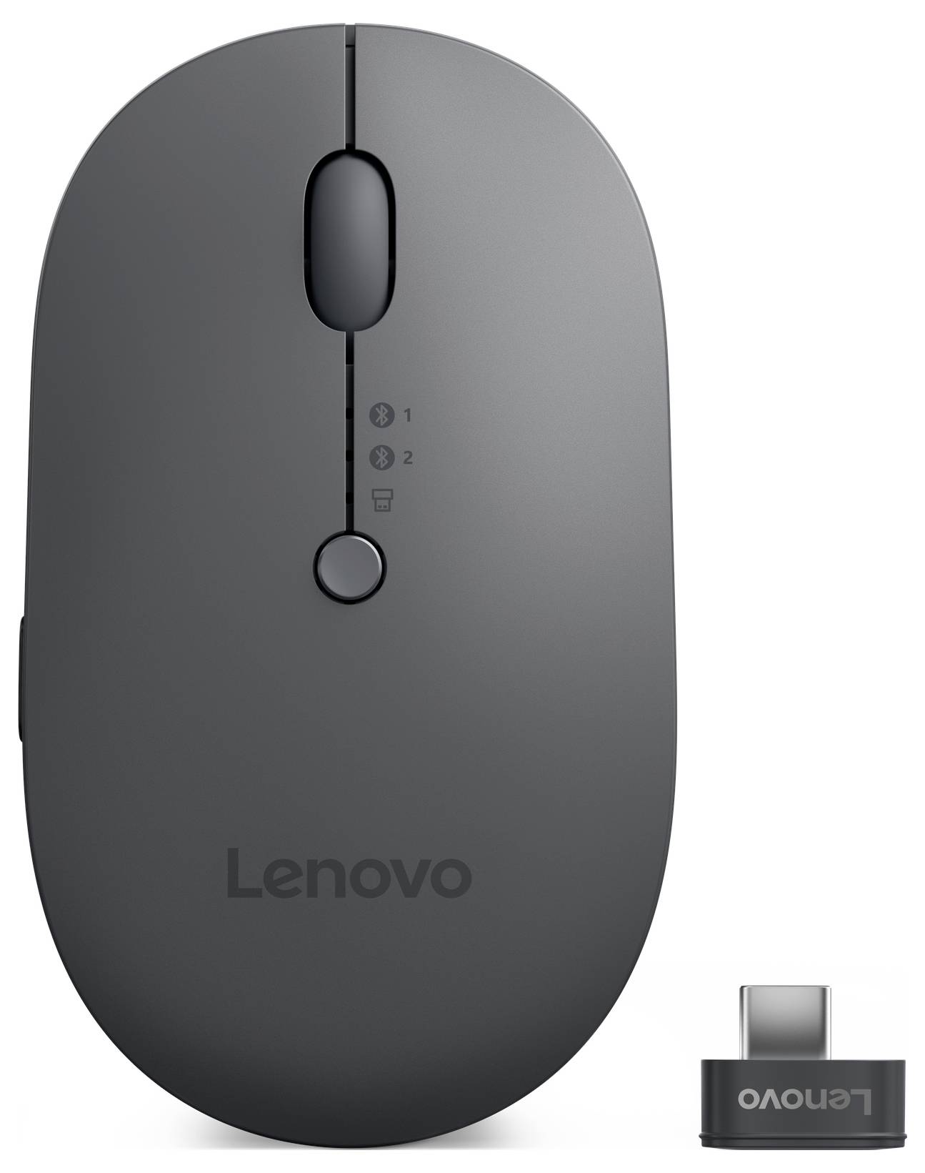 Bezdrátová myš Lenovo v černé barvě s USB donglem pro připojení k počítači.