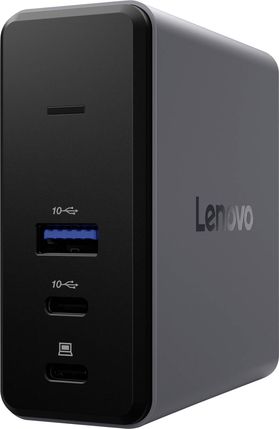 Dokovací stanice Lenovo zobrazuje tři porty: jeden port USB-A nahoře a dva porty USB-C níže. Firemní logo je viditelné po straně.