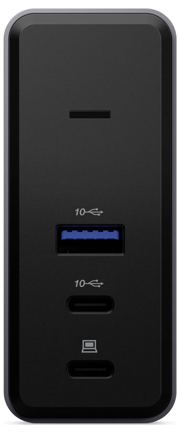 Černá dokovací stanice se dvěma USB-C a jedním USB-A portem, vhodná pro datové přenosy až do rychlosti 10 Gb/s.