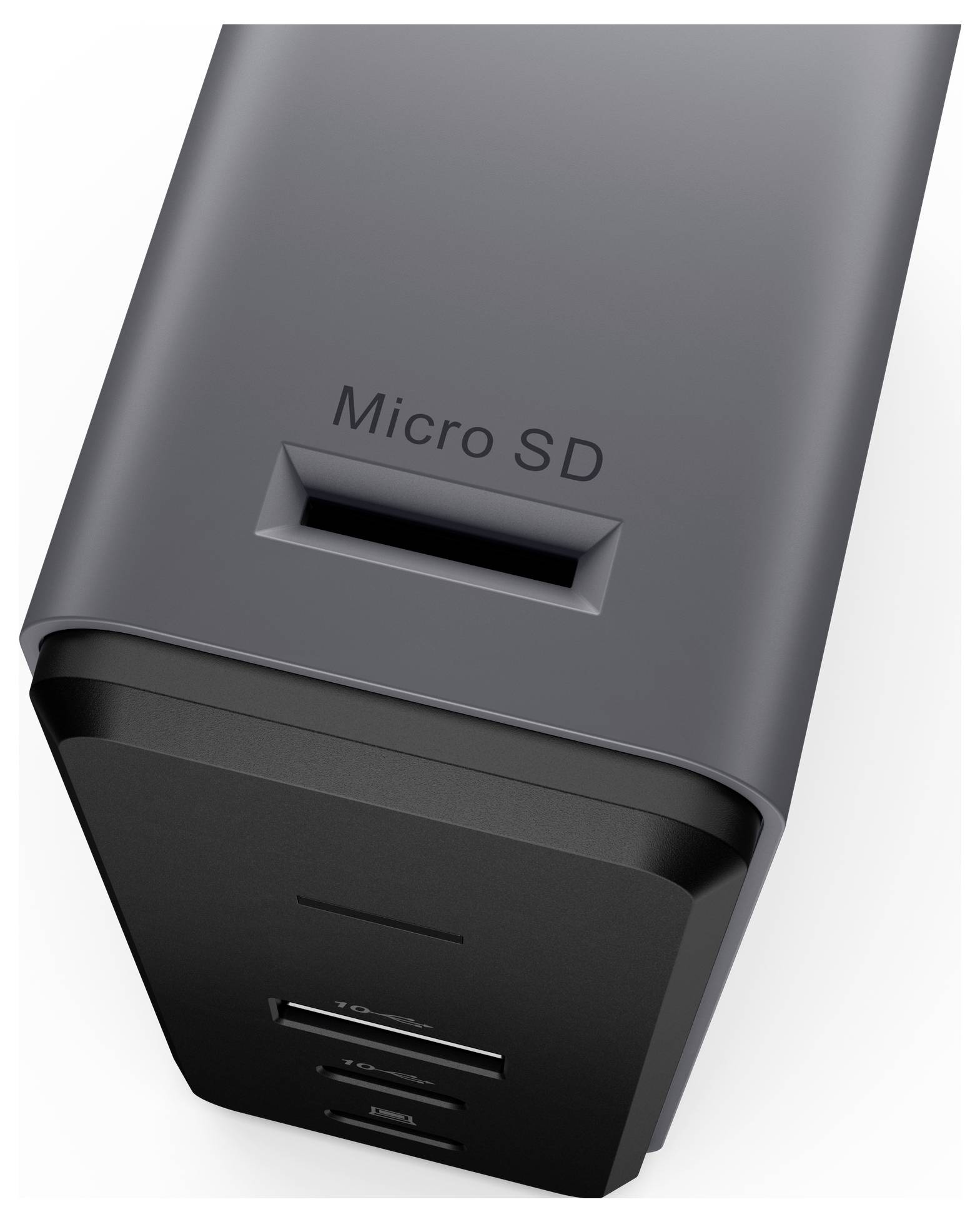 Černé zařízení s otvorem pro Micro-SD kartu na horní straně, vhodné pro připojení paměťových karet.