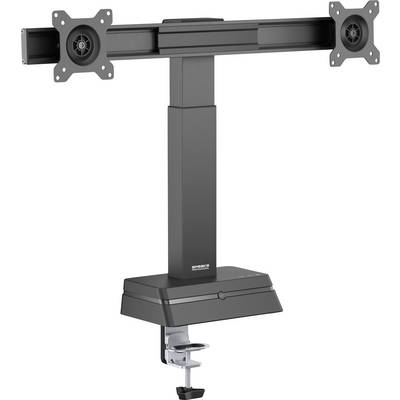 Stolní držák pro dva monitory s dvěma nastavitelnými rameny, vybavený svorkovým úchytem pro snadné připevnění ke stolní desce. Vhodný pro ploché monitory.
