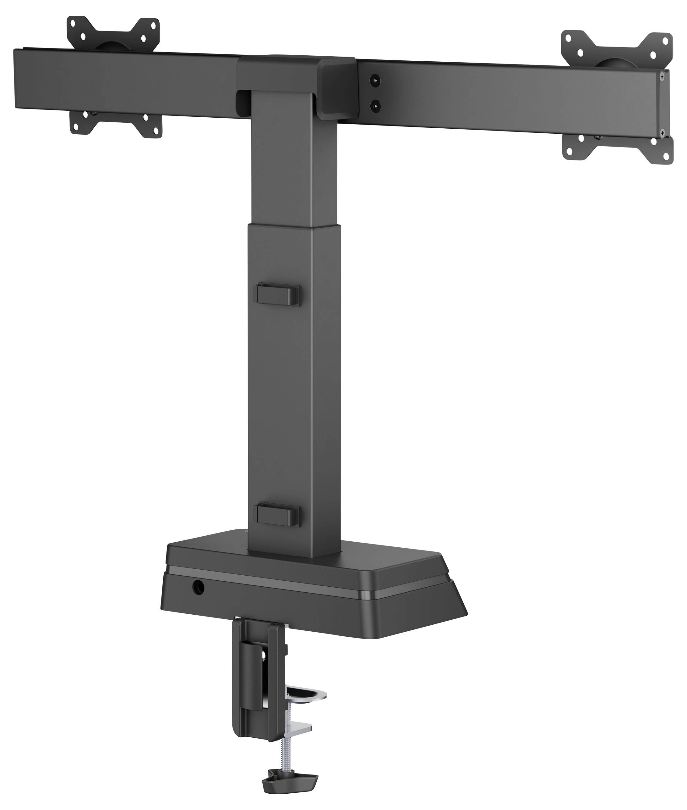 Stolní držák se dvěma monitory s nastavitelnými rameny, vybavený svorkovým podstavcem pro pevné upevnění ke stolům. Navržen pro ergonomické uspořádání.