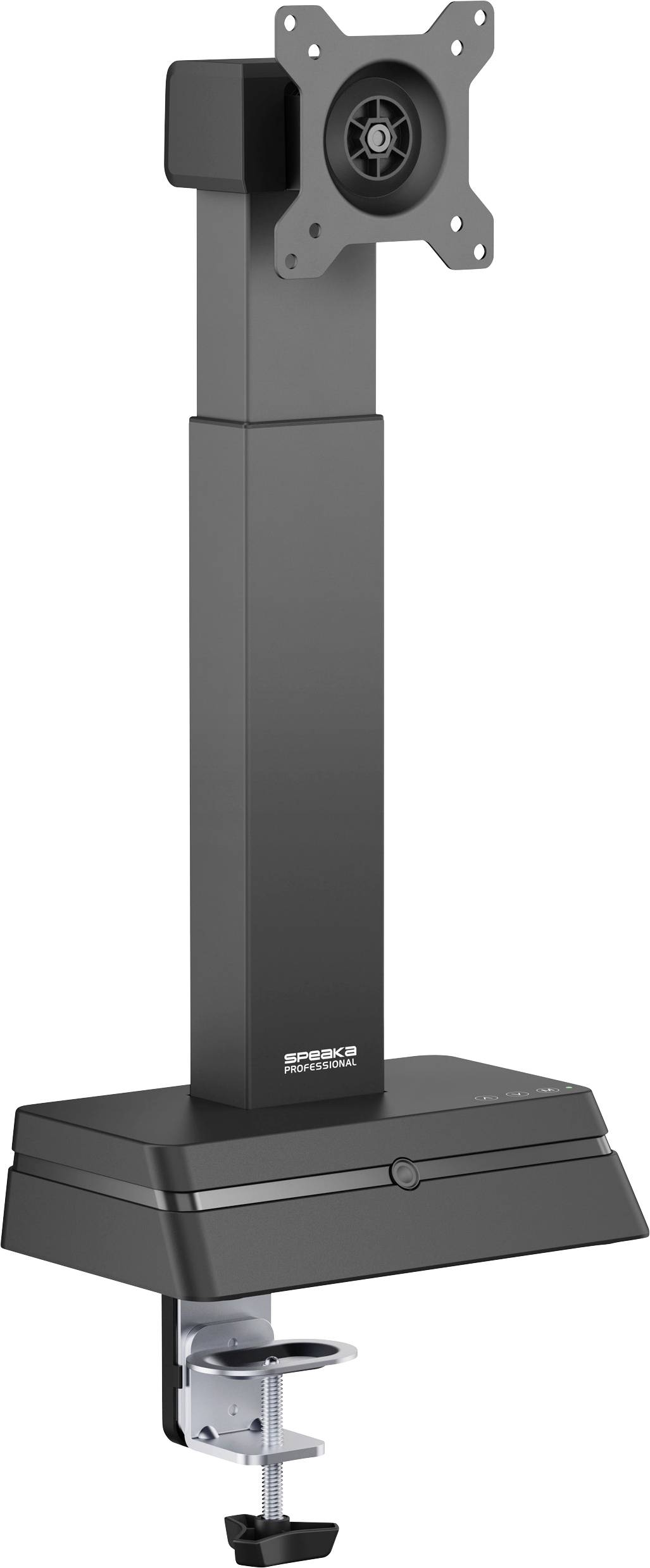 Černý nastavitelný stojan na monitor s upínací základnou určený pro připevnění k pracovním stolům, podporující obrazovky kompatibilní se standardem VESA.