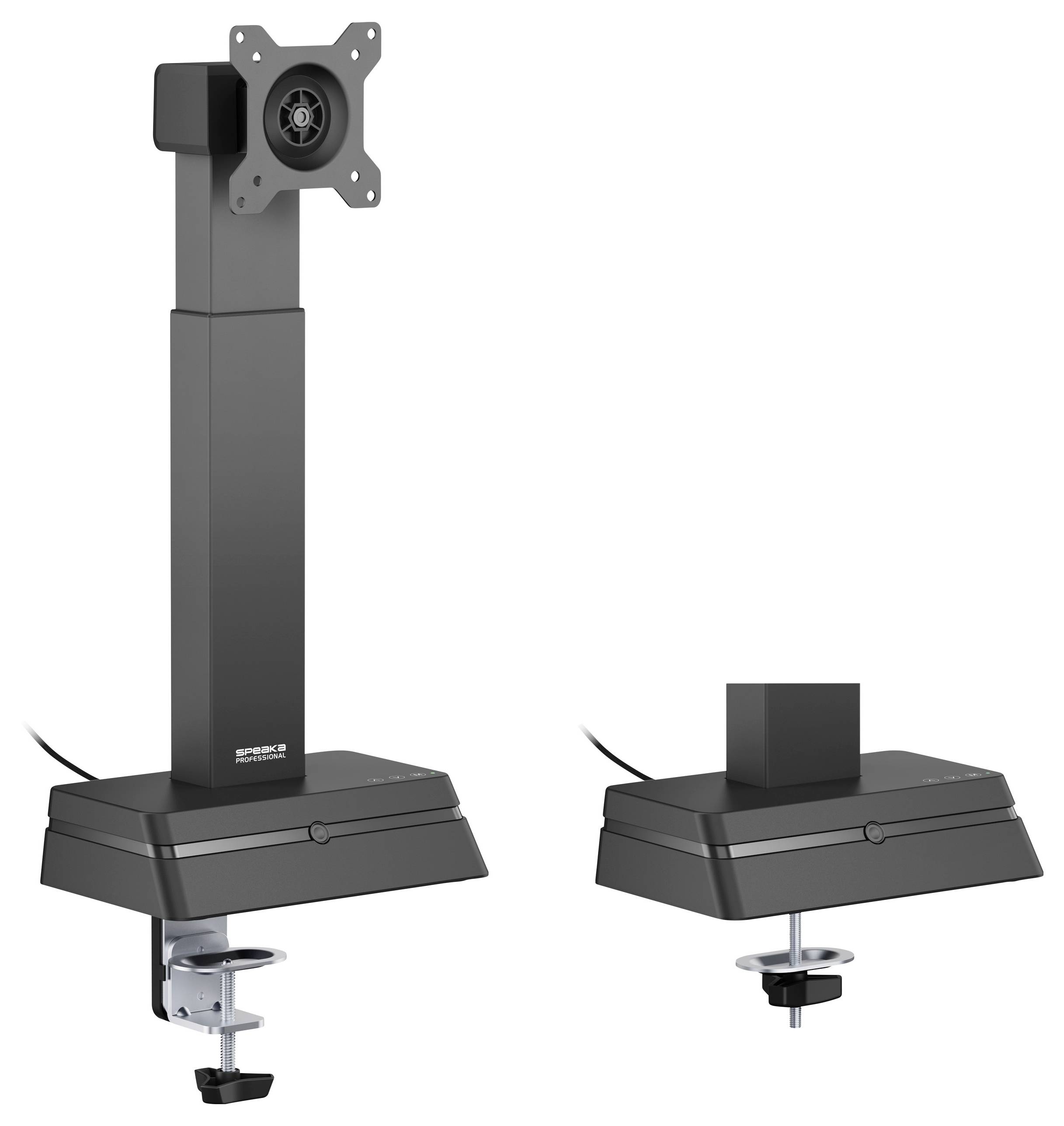 Duální montážní stojany se svorkovými základnami a nastavitelnými vertikálními rameny. Navržené pro bezpečné připevnění a umístění obrazovek nebo monitorů.