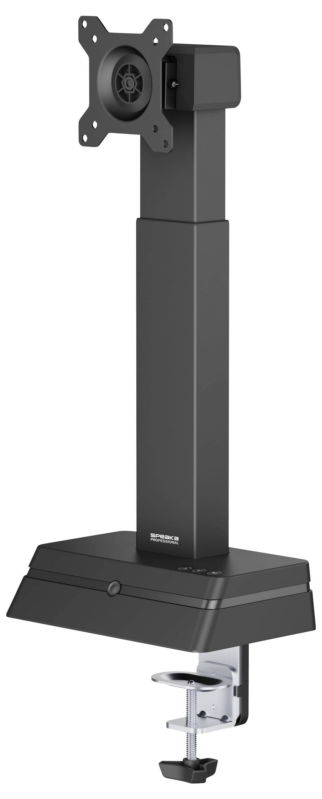 Držák monitoru se svorkovým základem pro bezpečné upevnění ke stolní desce. Nastavitelné rameno s VESA deskou pro flexibilní polohování obrazovky.