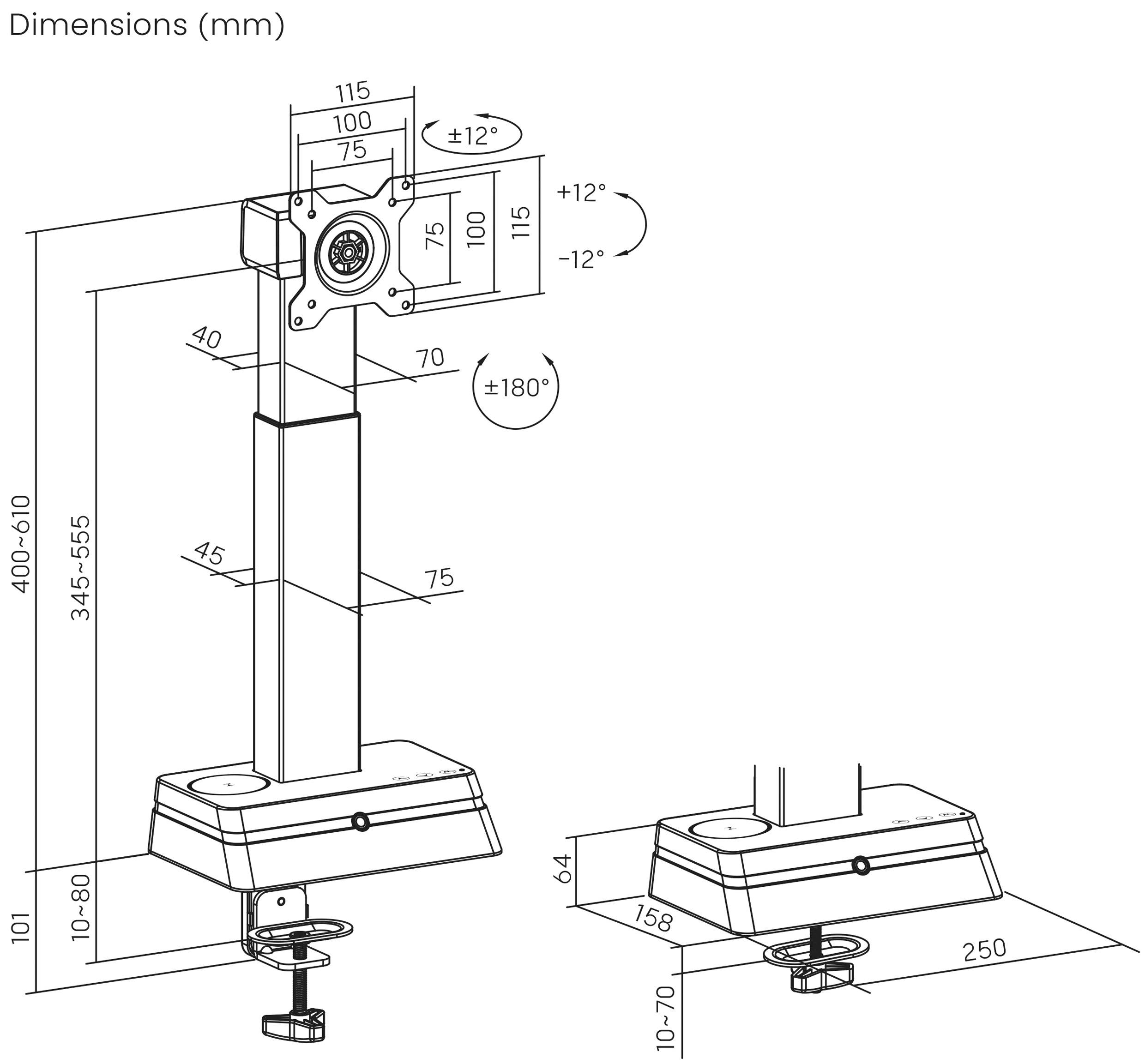 Technický diagram nastavitelného monitoru s rozměry v milimetrech; včetně výšky, náklonu a otočných rozměrů.
