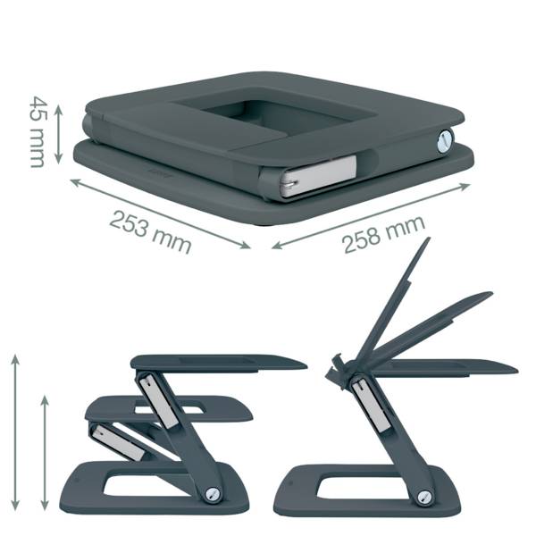 Stojan na notebook, nastavitelný: výška 45 mm až 253 mm, délka 258 mm. Boční páka pro zvednutí platformy. Barva: tmavě šedá.