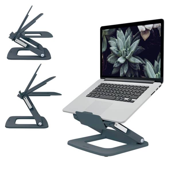 Nastavitelný stojan na notebook ukazuje různé polohy. Notebook na stojanu zobrazuje na displeji obrázek sukulentů.