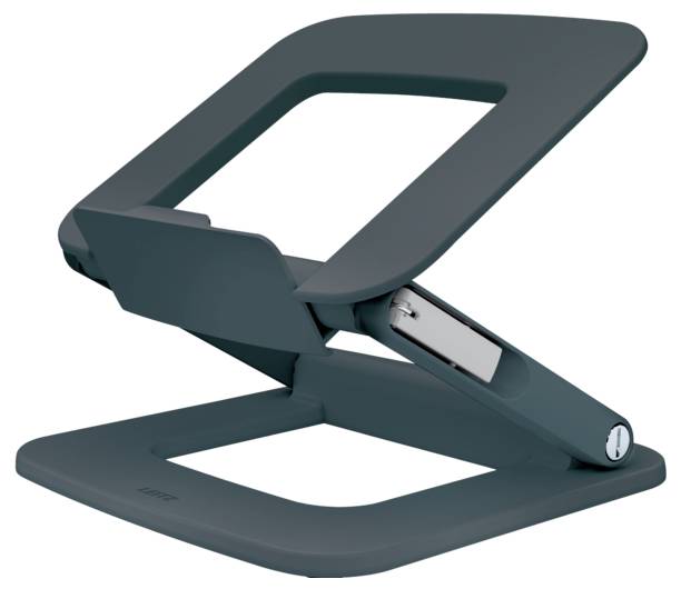 Stojan na notebook v tmavě modré barvě s nastavitelným úhlem náklonu pro ergonomické používání. Robustní a kompaktní design pro snadné uložení.