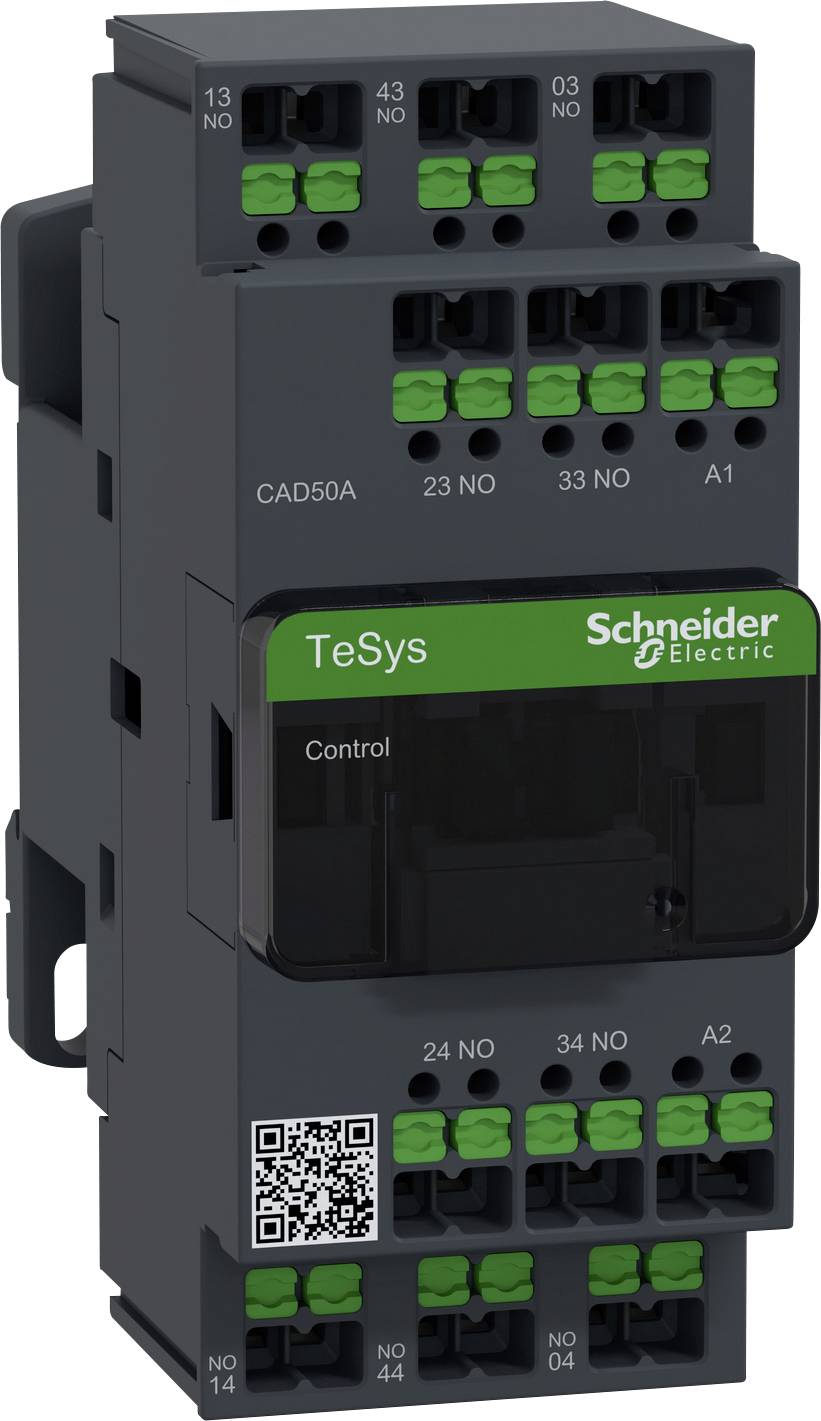 Elektrické stykač od Schneider Electric, model TeSys, se zelenými svorkami. Obsahuje QR kód na přední straně.
