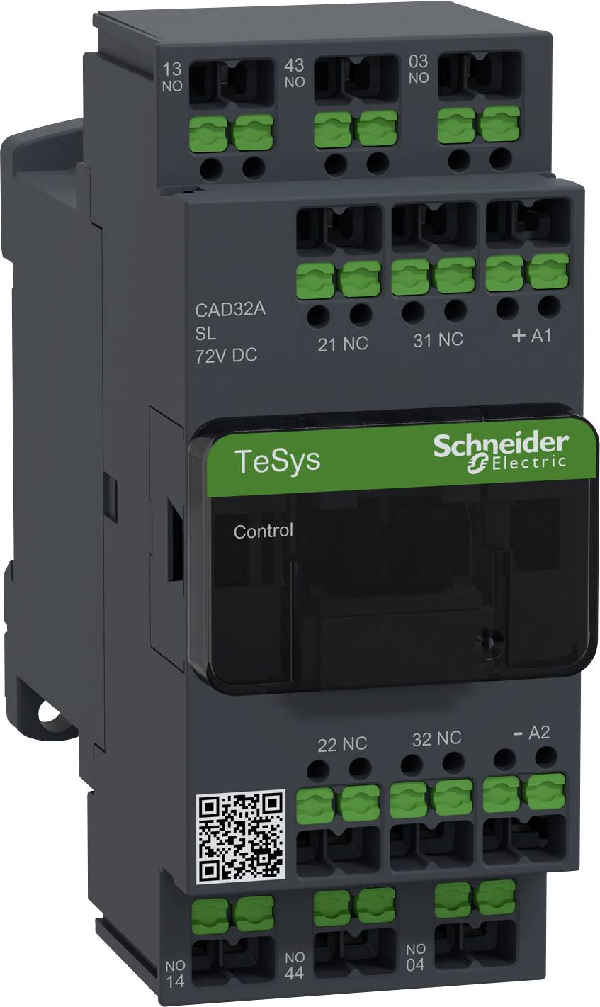 'Schneider Electric TeSys stykačový blok pro průmyslové aplikace, model CAD32A, 72V DC. Obsahuje řídicí svorky a QR kód.'