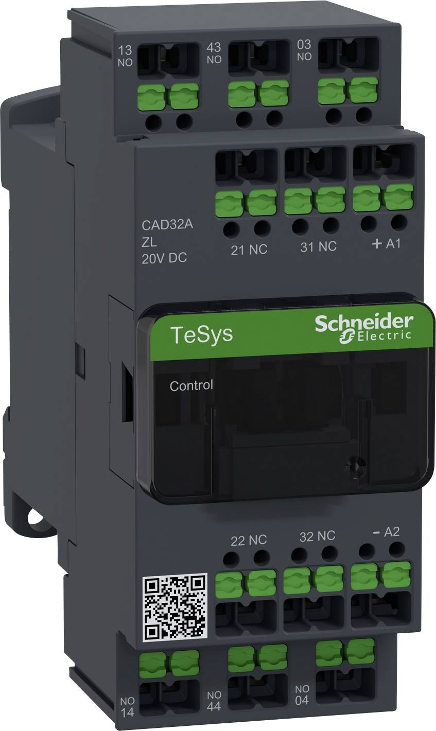 Elektrické řídicí zařízení s několika zelenými připojovacími svorkami, označené štítkem 'TeSys' a 'Schneider Electric', včetně QR kódu.