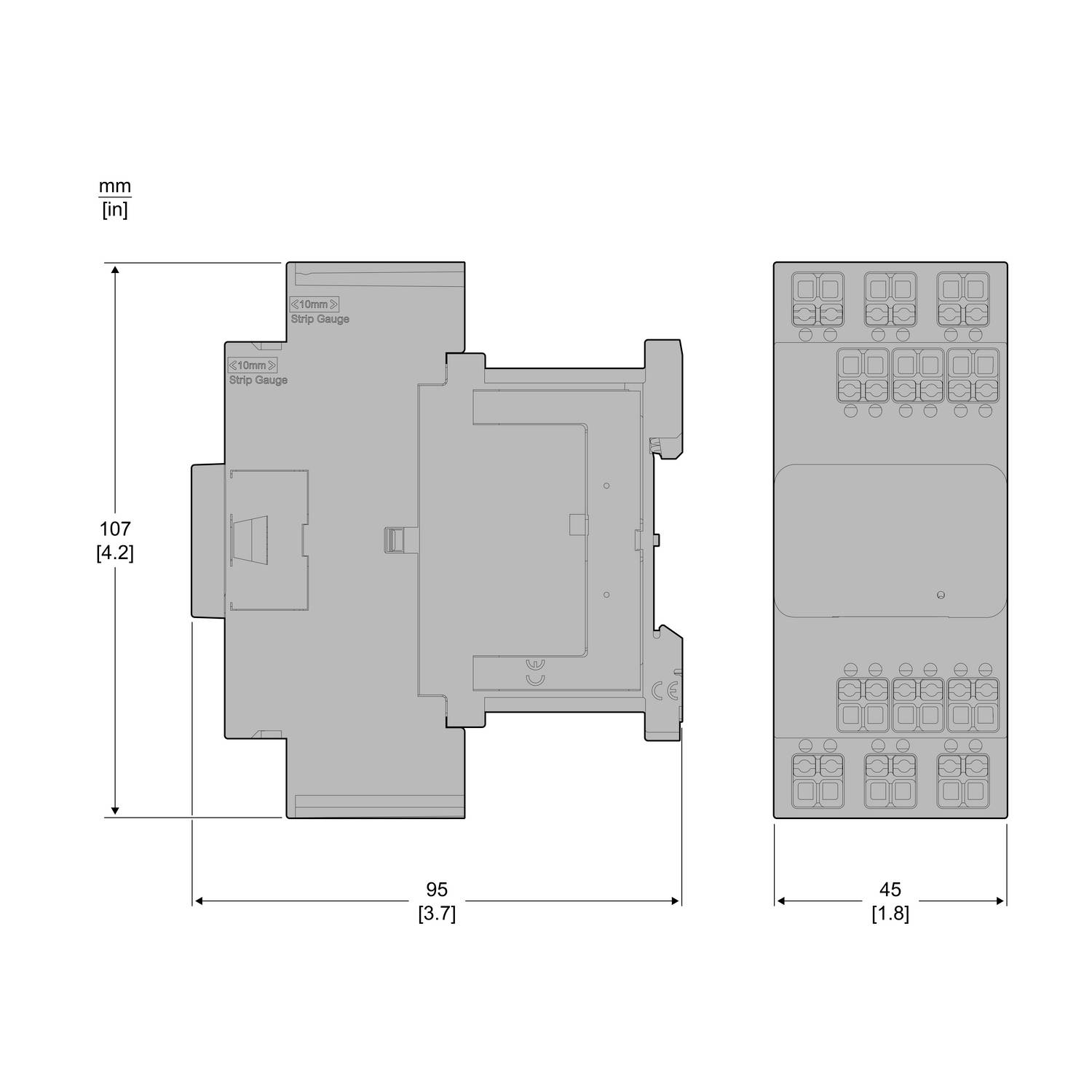 Technický diagram zařízení ve dvou pohledech s rozměry: 107 mm x 95 mm x 45 mm. Zobrazuje připojení a komponenty shora a z boku.