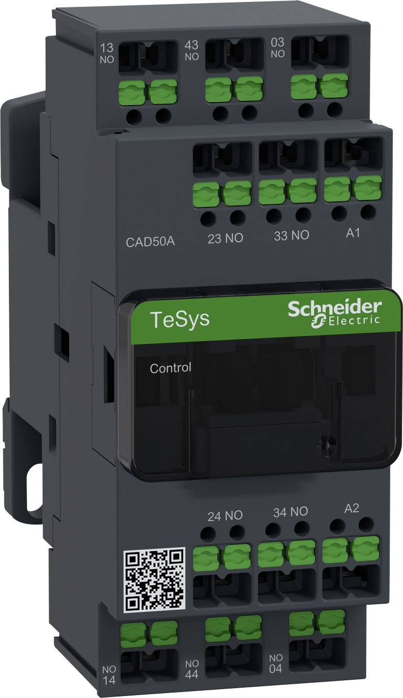 Černý elektrický stykač od Schneider Electric se zelenými svorkami a nápisem 'TeSys'. QR kód dole.