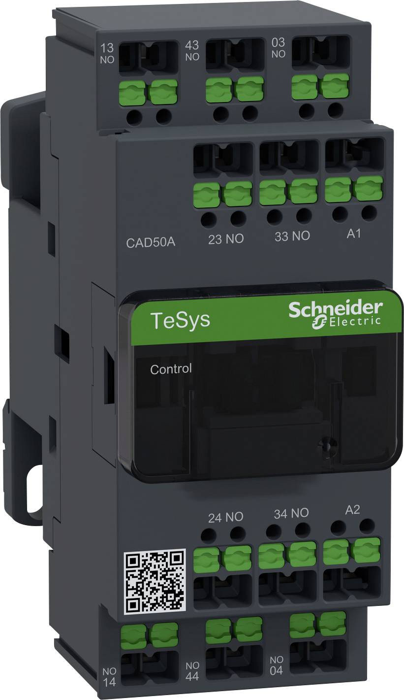 Průmyslový stykač Schneider Electric, model 'TeSys'. Tmavé pouzdro se zelenými svorkami a QR kódem.