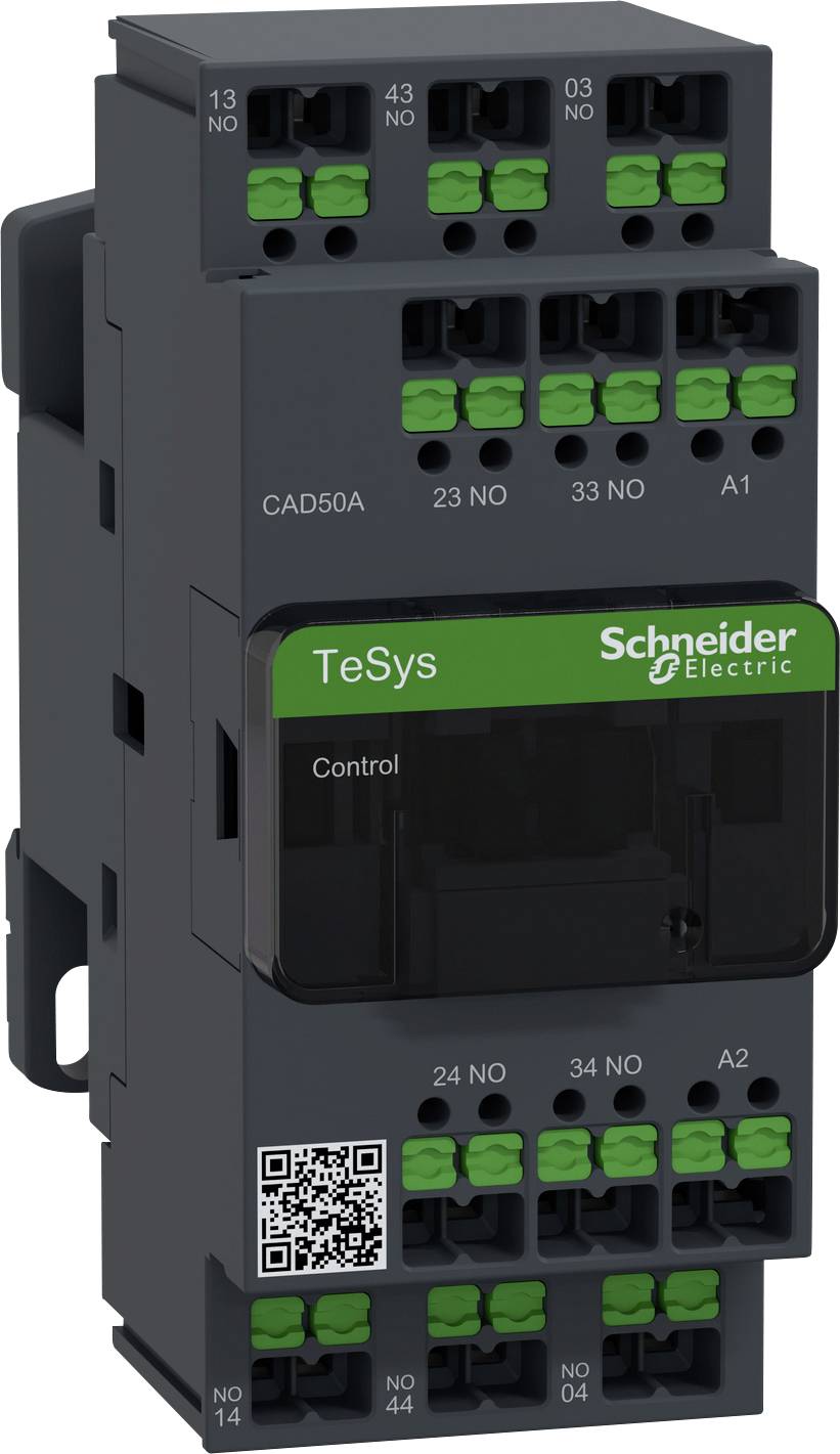 Elektrické spínací zařízení od Schneider Electric; model 'TeSys'; obsahuje několik zelených a černých svorek; QR kód dole.