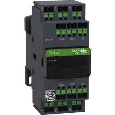 Elektrické spínací zařízení od Schneider Electric; model 'TeSys'; obsahuje několik zelených a černých svorek; QR kód dole.