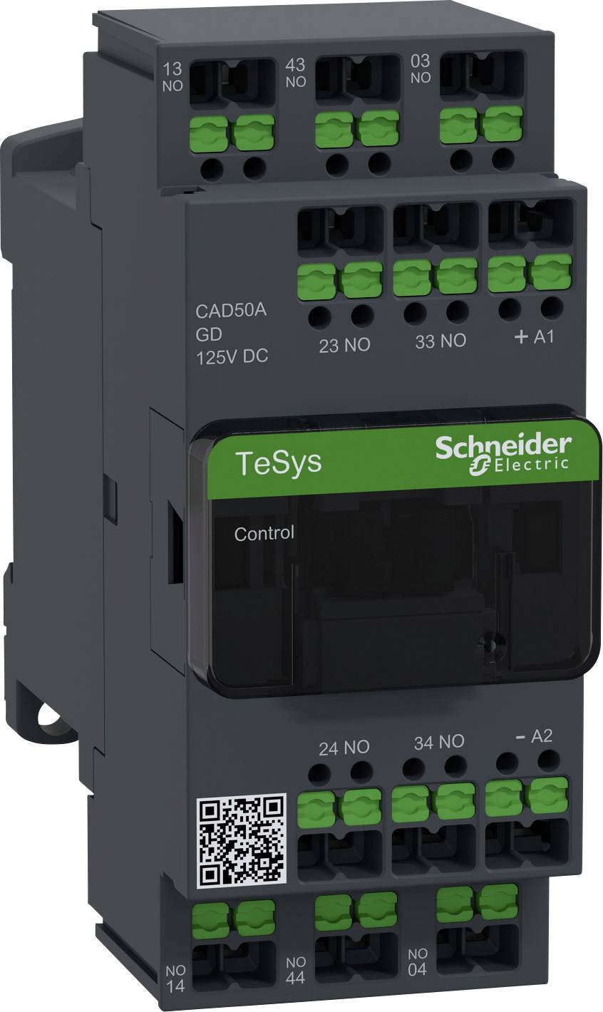 Elektrické spínací zařízení od společnosti Schneider Electric, model TeSys CAD50A GD 125V DC, s několika připojovacími svorkami a QR kódem.