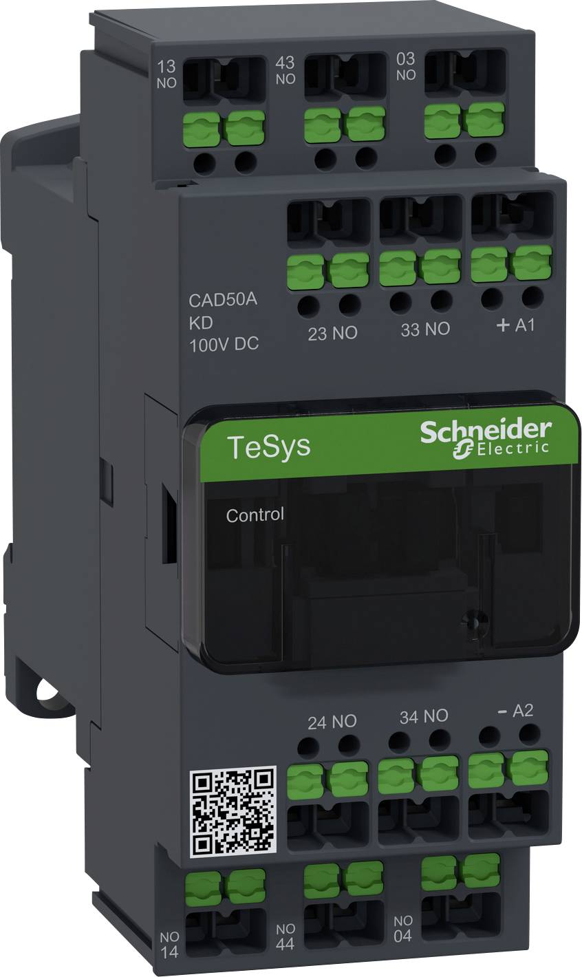 Elektrické stykač od Schneider Electric, model TeSys CAD50. Na přední straně jsou viditelné připojovací svorky a QR kód.
