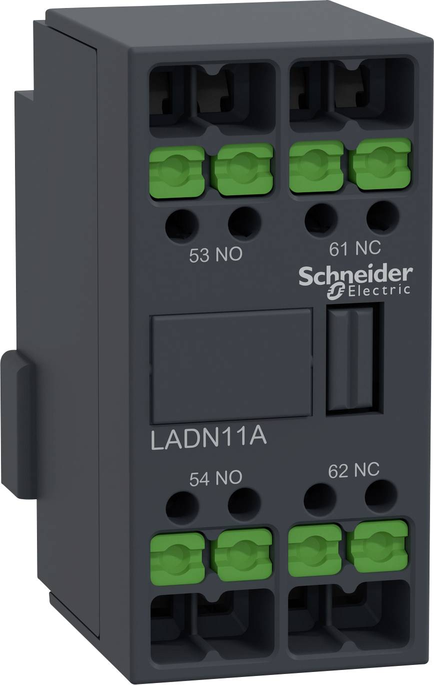 Pomocný kontaktní blok Schneider Electric LADN11A se čtyřmi zelenými svorkami nahoře a čtyřmi dole. Vhodný pro průmyslové řídicí systémy.