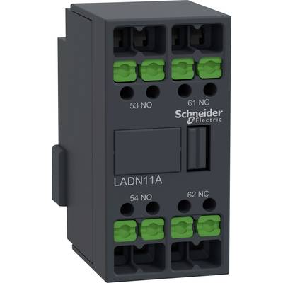 Pomocný kontaktní blok Schneider Electric LADN11A se čtyřmi zelenými svorkami nahoře a čtyřmi dole. Vhodný pro průmyslové řídicí systémy.