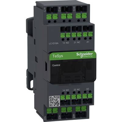 Schneider Electric ovládací relé LC1D18A se zeleně-černým designem a QR kódem. Použití v elektrických obvodech.