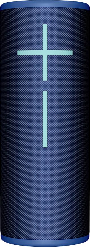 Přenosný modrý bluetooth reproduktor s vytlačeným křížovým symbolem na přední straně.