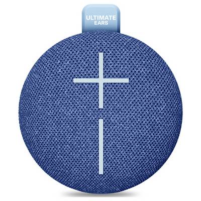Modrý, kulatý Bluetooth reproduktor značky 'ULTIMATE EARS' s '+' a '-' symboly na přední straně.