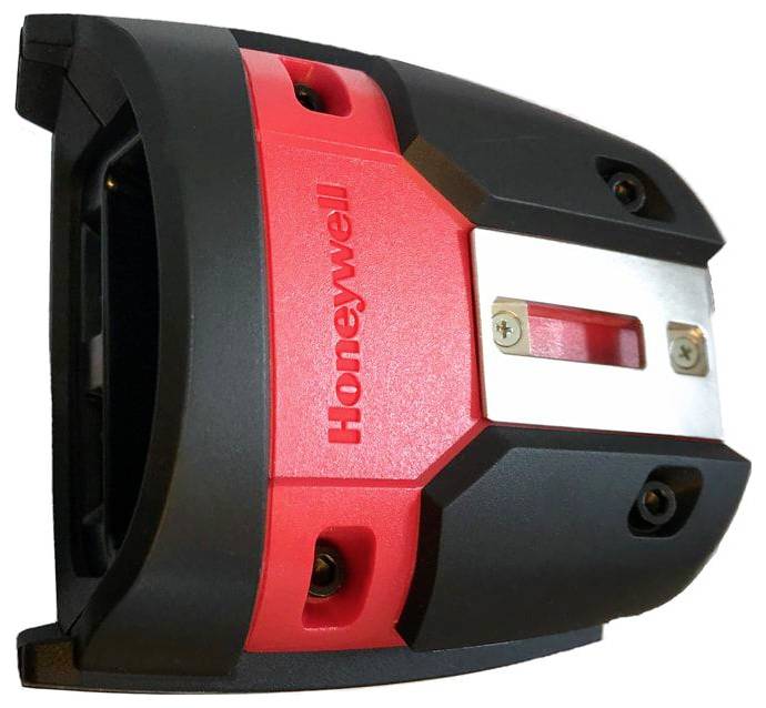 Boční pohled na červeno-černý čtečku čárových kódů od společnosti Honeywell.