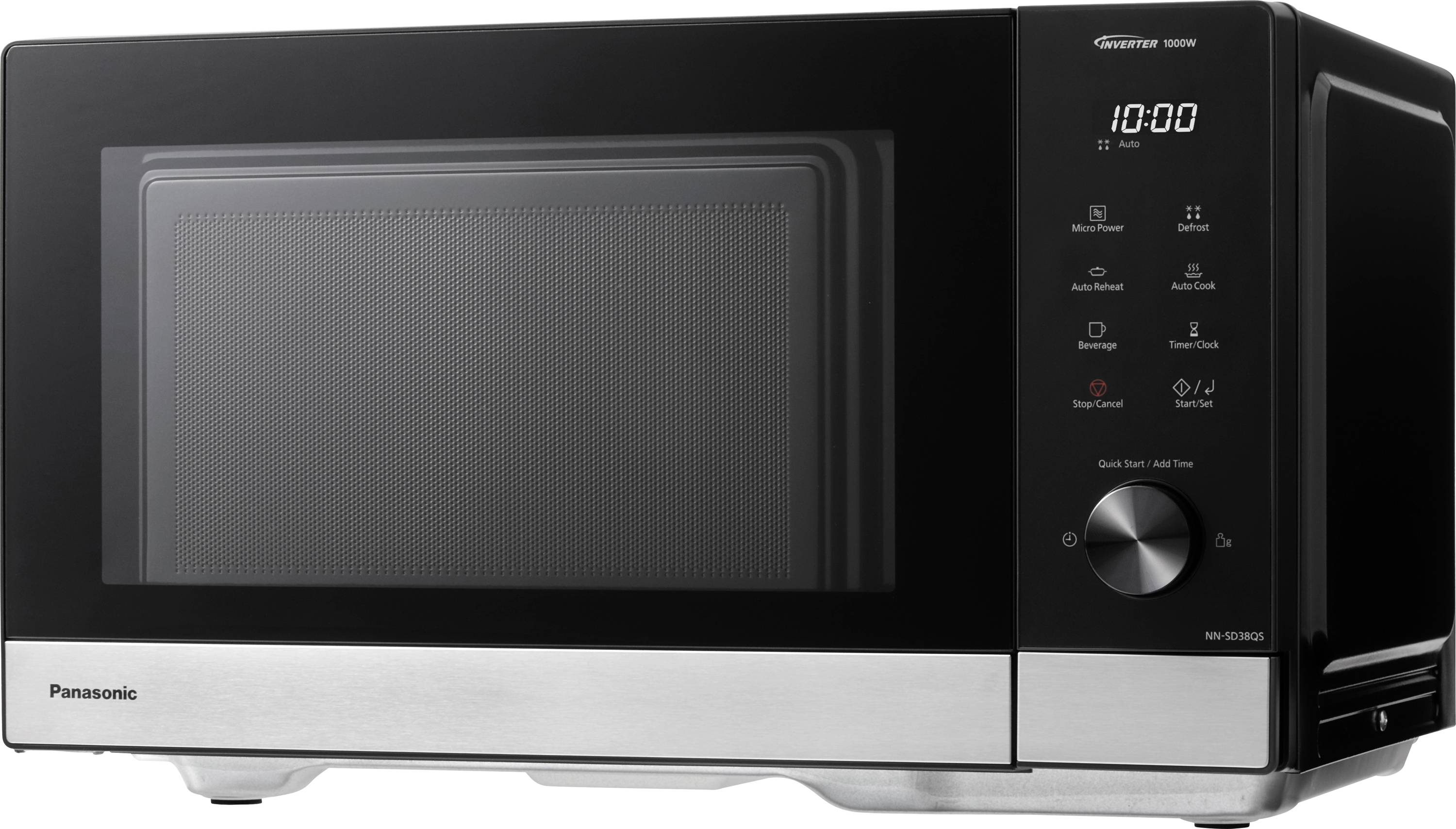 Černá a stříbrná mikrovlnná trouba s digitálním displejem a otočným ovladačem. Logo Panasonic v levém dolním rohu.