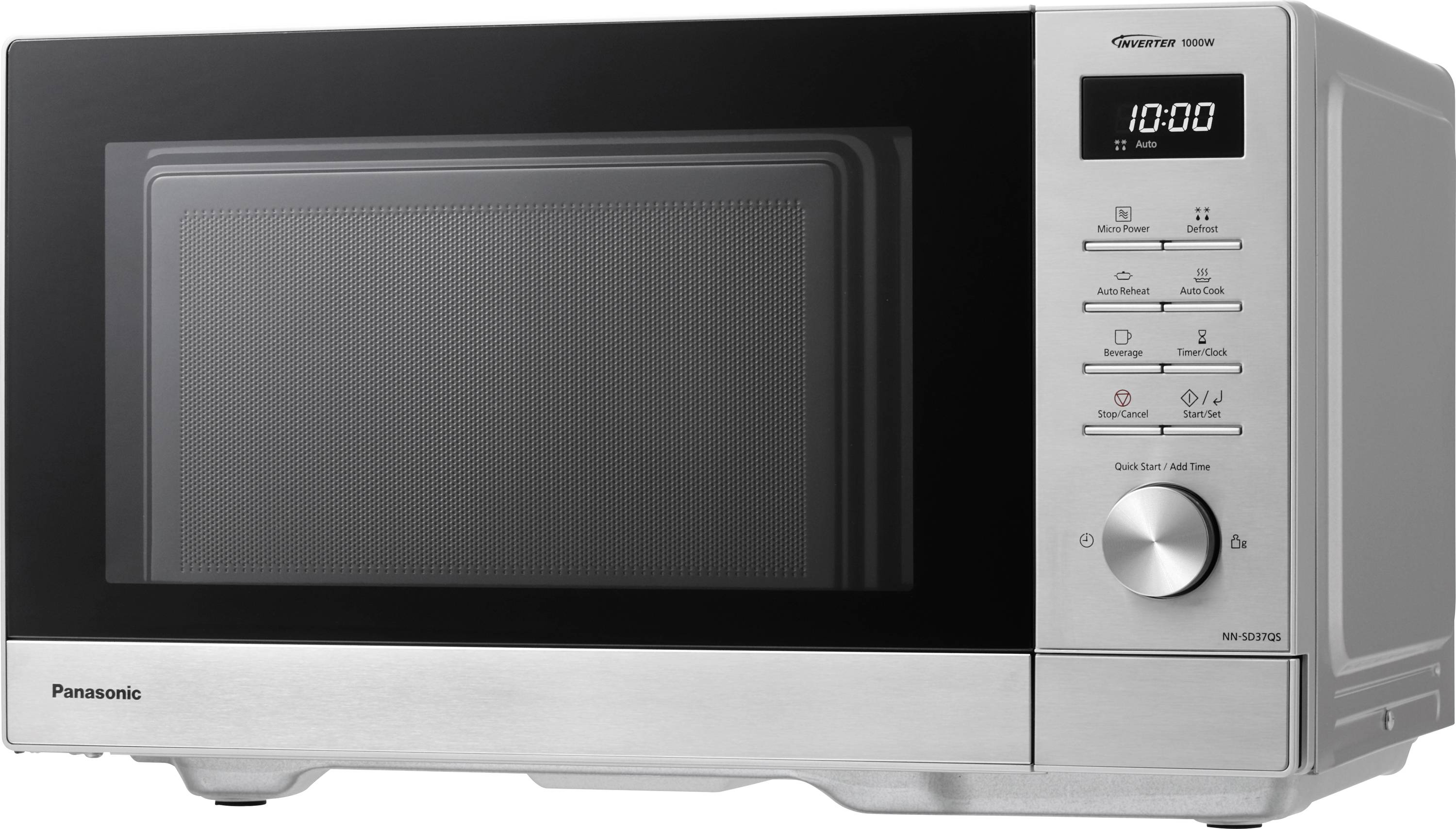 Stříbrná mikrovlnná trouba s digitálním displejem zobrazuje '10:00'. Vpravo jsou umístěny různé tlačítka a otočný ovladač pro různá nastavení.