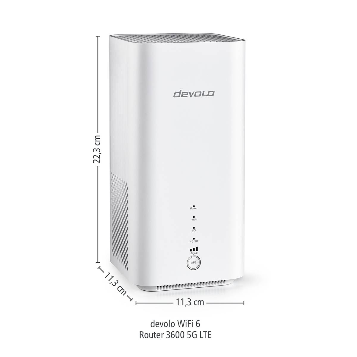 Bílý router devolo WiFi 6 s LTE funkcí, vysoký 22,3 cm, široký 11,3 cm. Na přední straně se nacházejí kontrolní světelné indikátory.