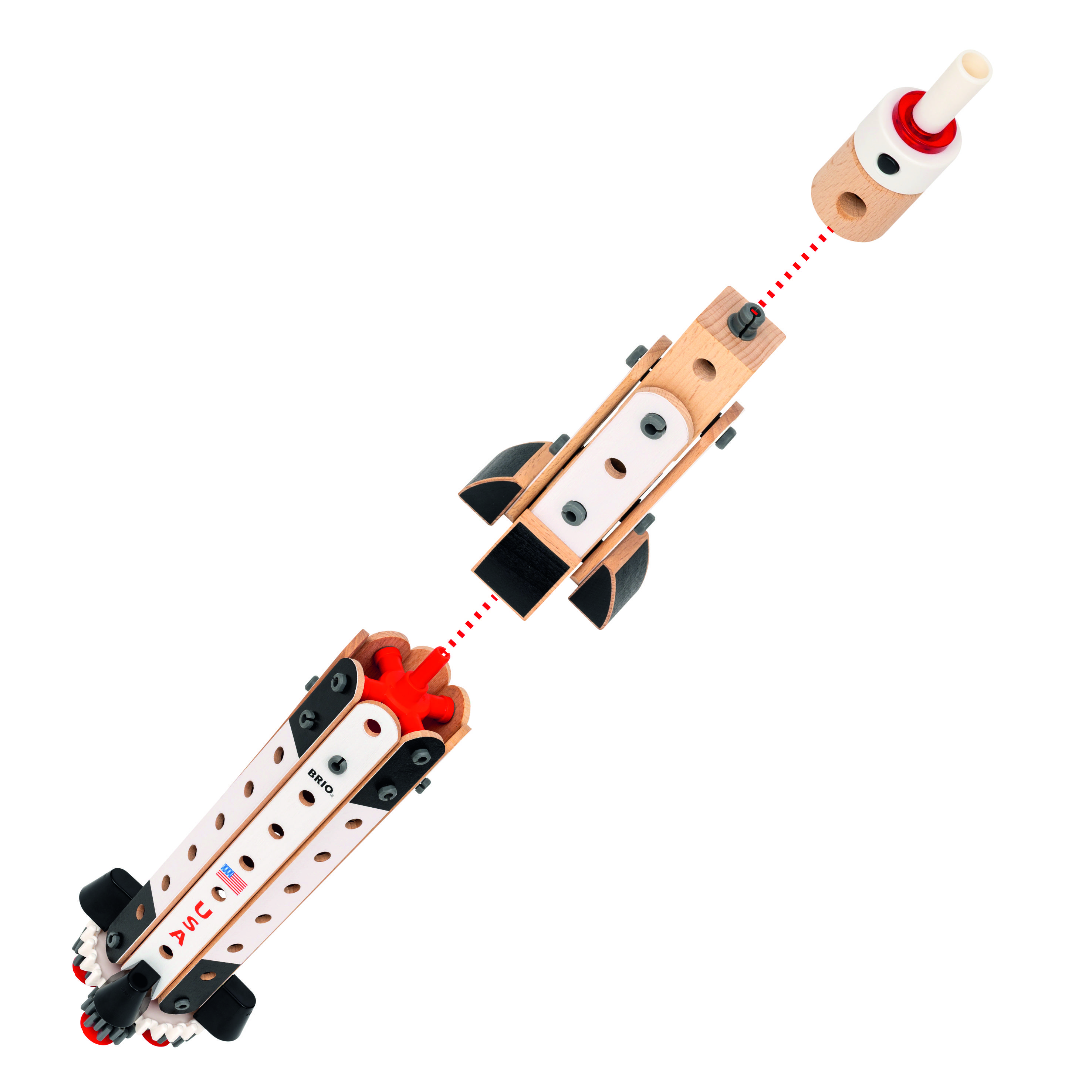 Model hračkové rakety s oddělitelným horním stupněm, vyrobený z dřeva a plastu. Obsahuje červené a černé designové prvky.