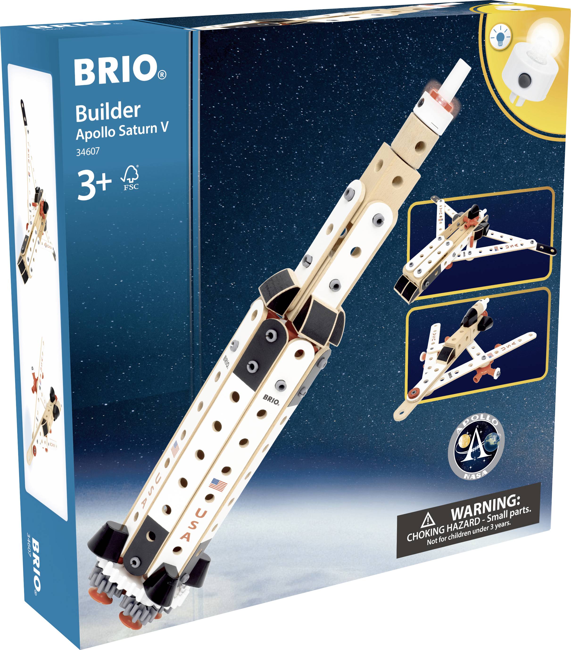 Stavebnice modelu rakety Apollo Saturn V od BRIa, vhodná pro děti od 3 let. Obsahuje díly pro montáž hračky.